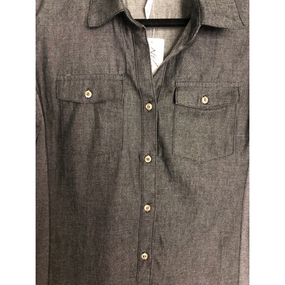 NY Collection Petite Women's PM Chambray Knit Panel Button Down Top Charcoal NEW - Picture 3 of 7